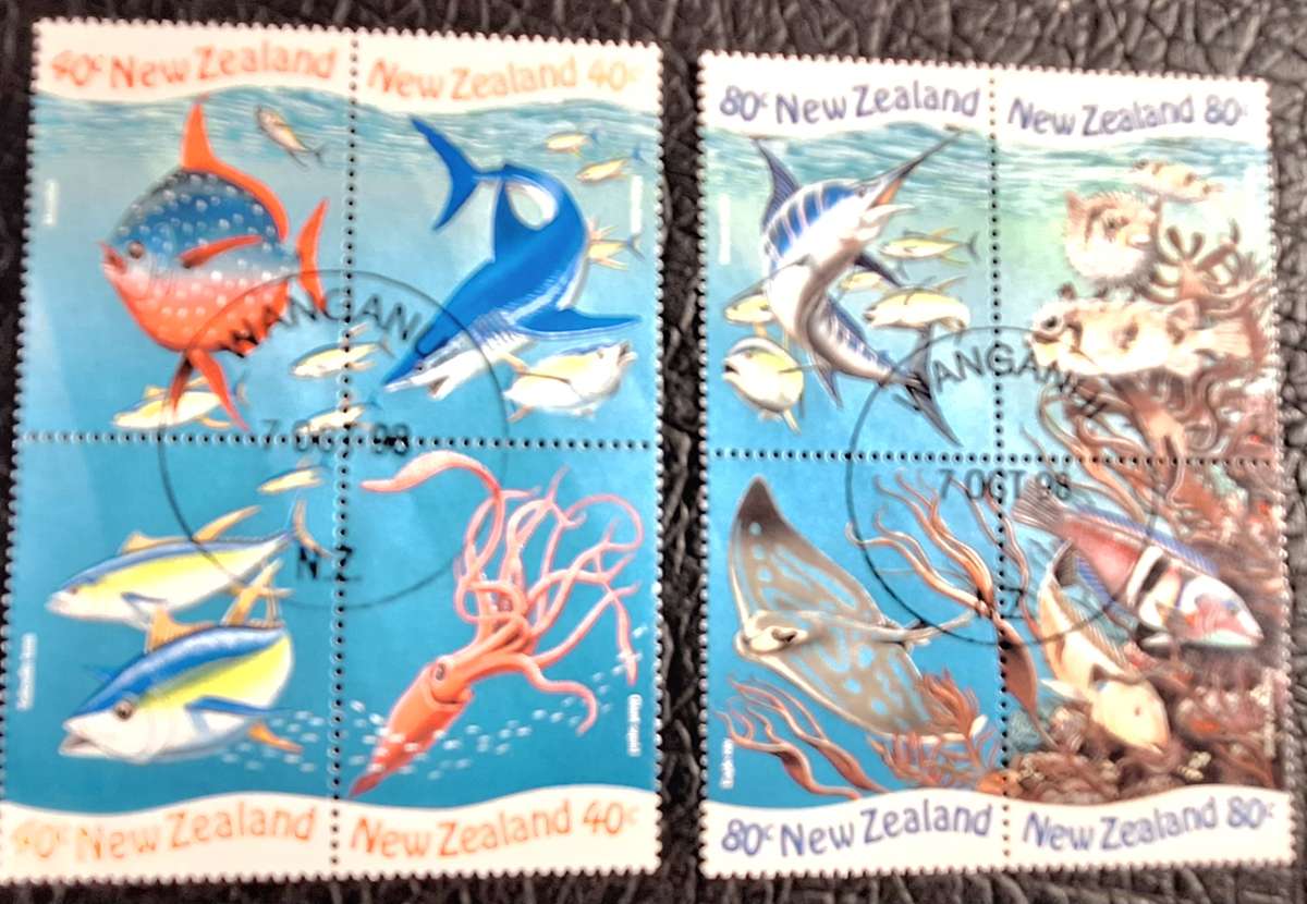 New Zealand 1998 Underwater World Set of 2 Se-Tenant Blocks of 4 Cancelled stamps