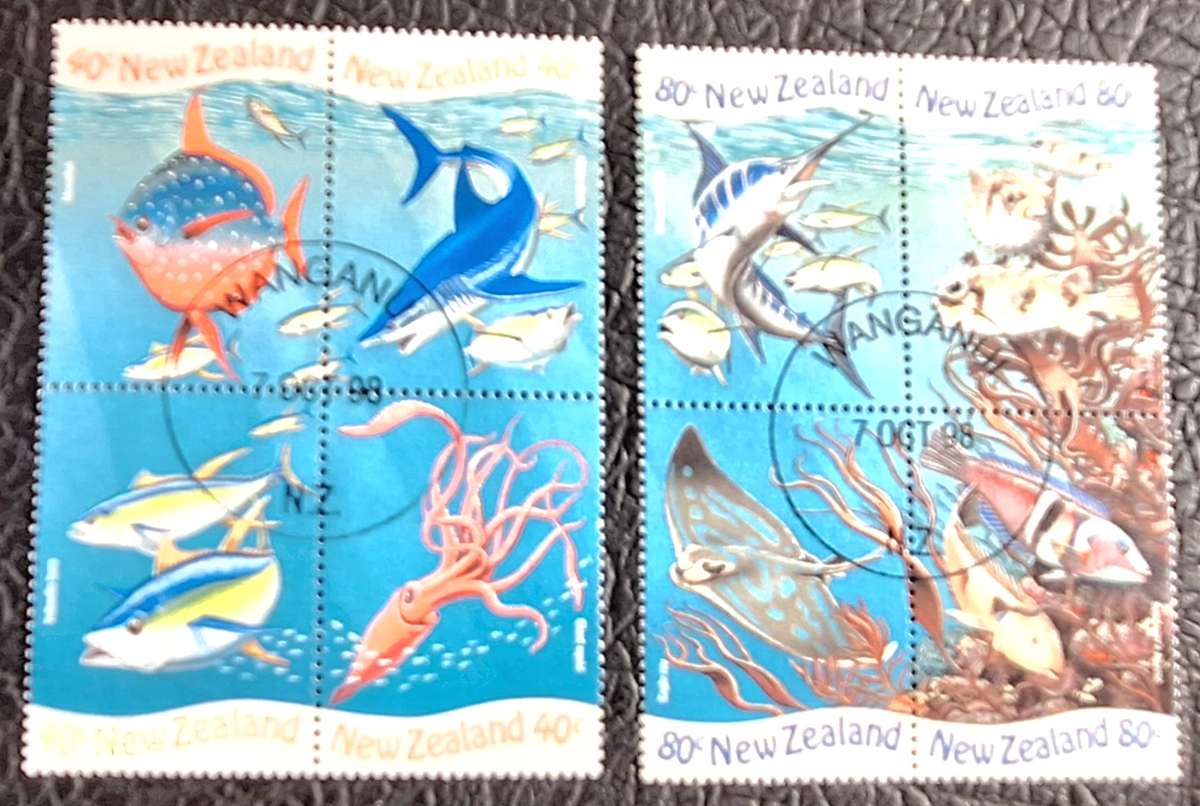 New Zealand 1998 Underwater World Set of 2 Se-Tenant Blocks of 4 Cancelled stamps
