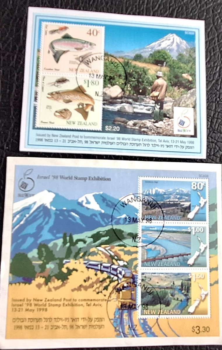 New Zealand 1998 Israel '98 Fly Fishing / Scenic Trains Set of 2 Cancelled Miniature Sheets on Paper