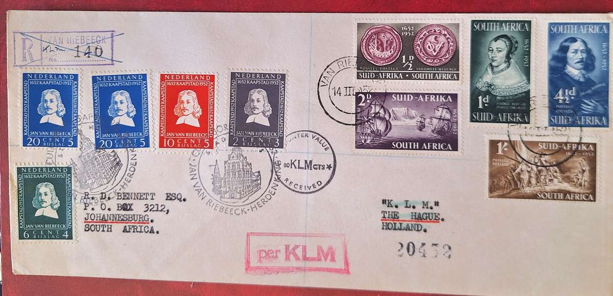 South Africa 1952 Van Riebeek South Africa + Holland Sets On KLM Flight Cover No 20452
