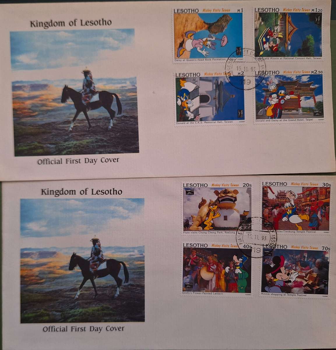 Lesotho 1993 TAIPEI 93 DISNEY Pair of FDC's