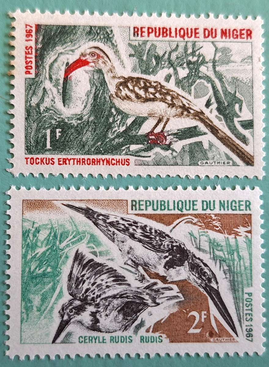 Niger  1967 Birds Red-billed Hornbill Pied Kingfisher Set of 2 Mint stamps
