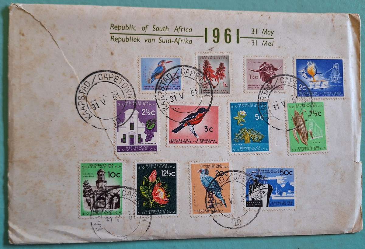 South Africa 1961 31 May 12 Stamps on Cover (badly marked) with Cape Town cancellation
