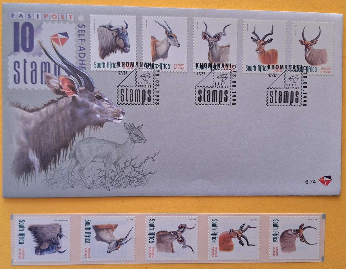 South Africa 1998 Strip of 5 Mint Self Adhesive stamps and FDC 6.74