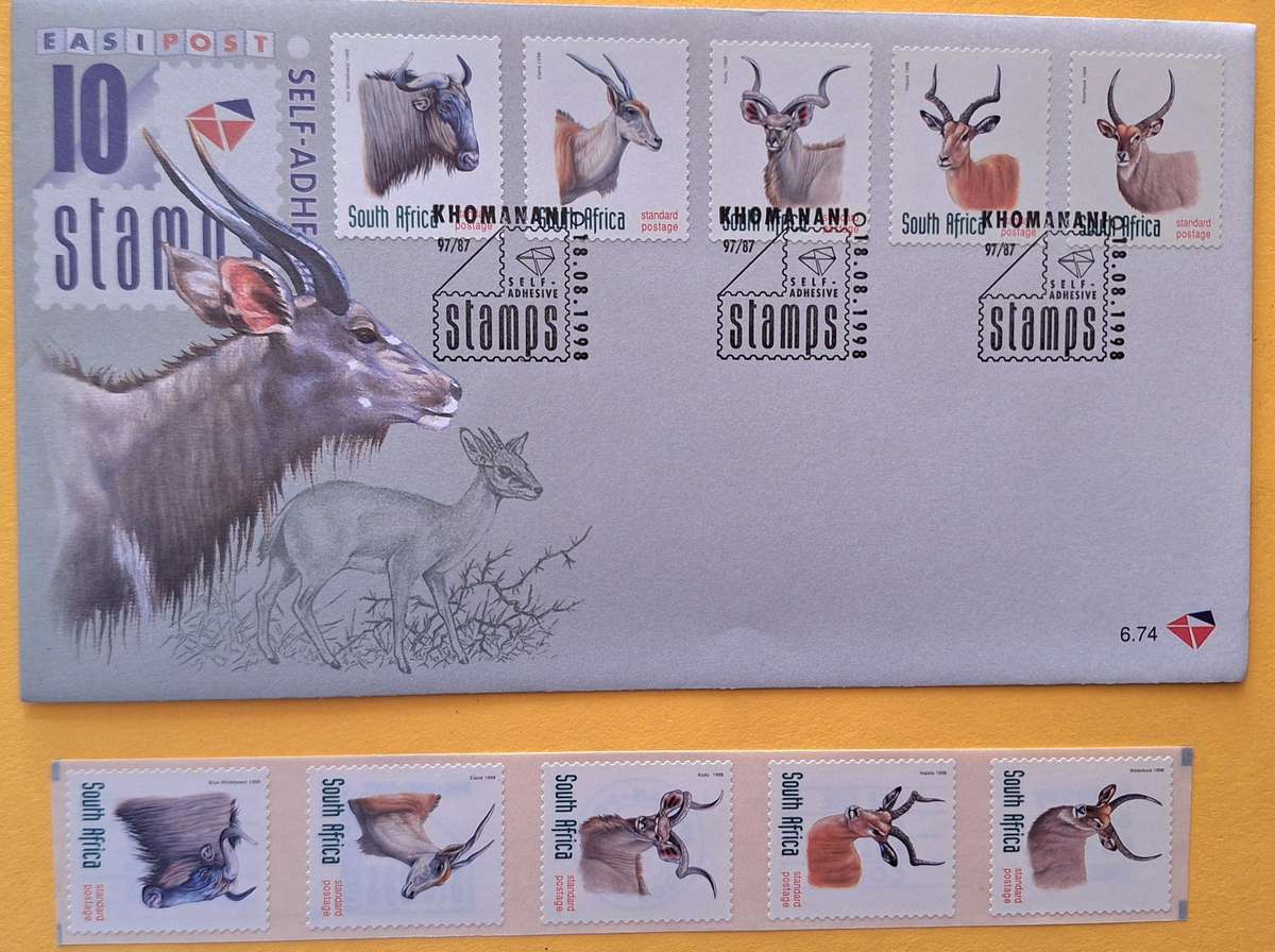 South Africa 1998 Strip of 5 Mint Self Adhesive stamps and FDC 6.74