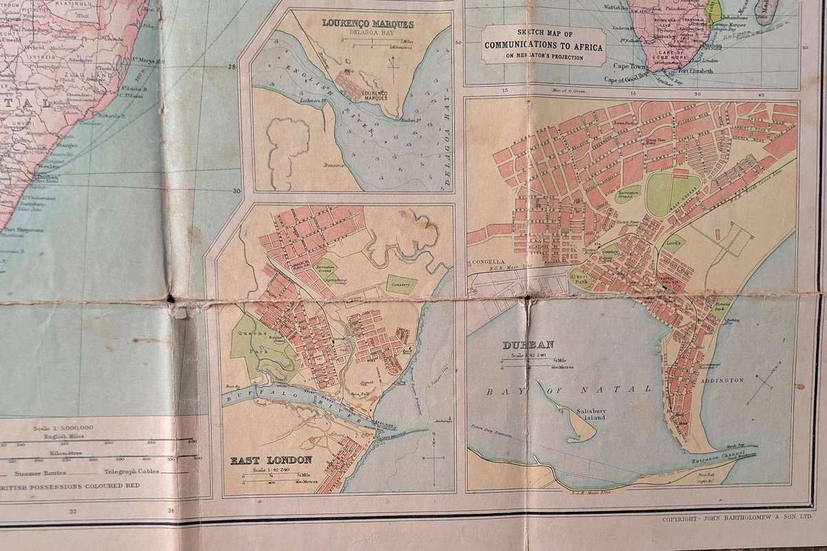 Bartholomew's General Map of Central and South Africa Mounted on Cloth Undated
