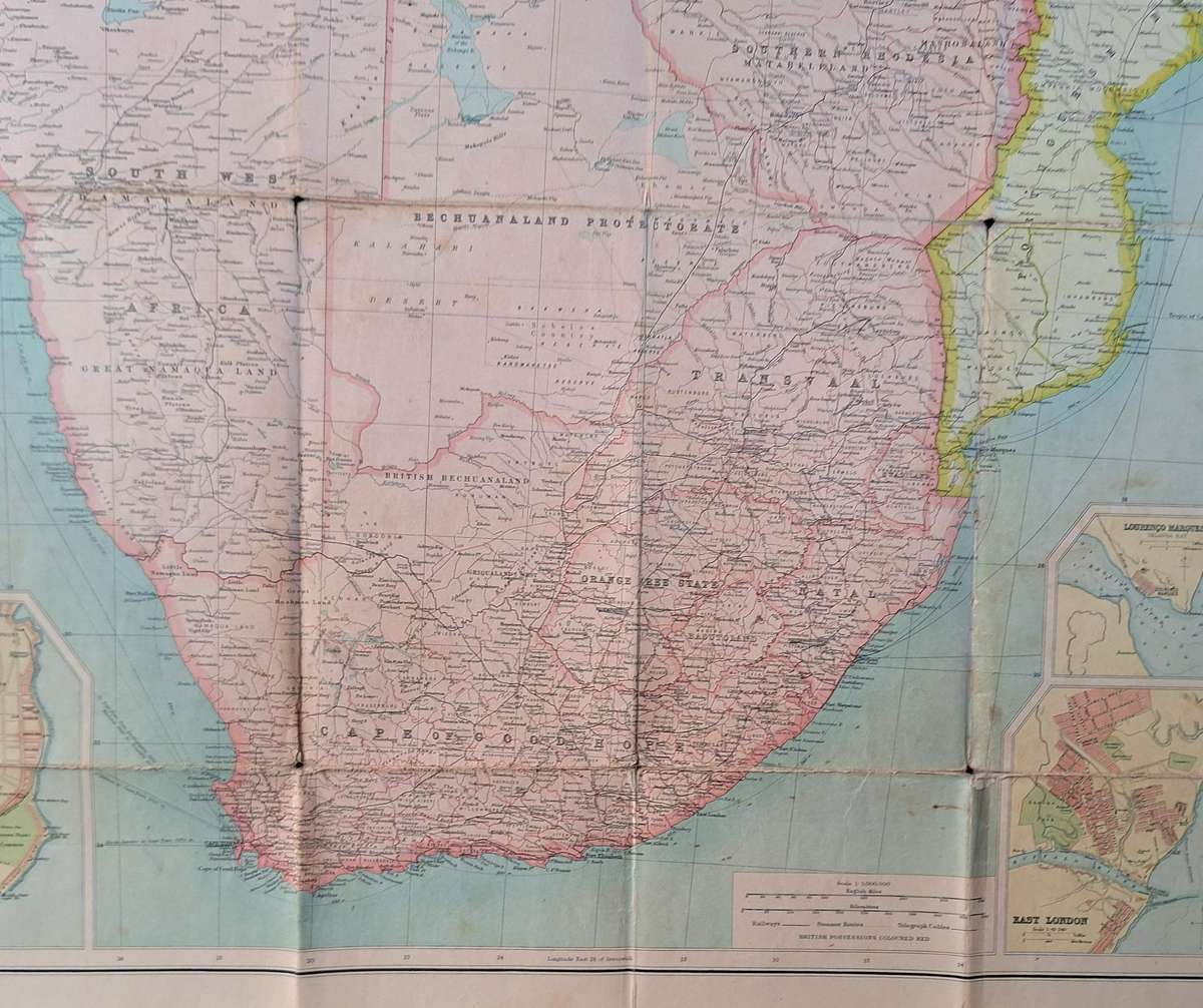 Bartholomew's General Map of Central and South Africa Mounted on Cloth Undated