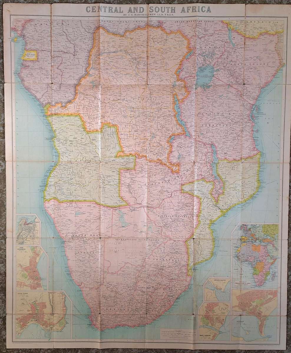 Bartholomew's General Map of Central and South Africa Mounted on Cloth Undated
