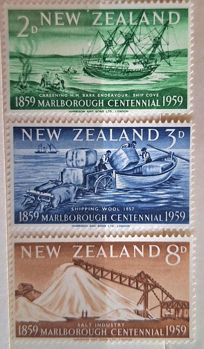 New Zealand 1959 Marlborough Cetennial Set of 3 Unused lightly Hinged stamps