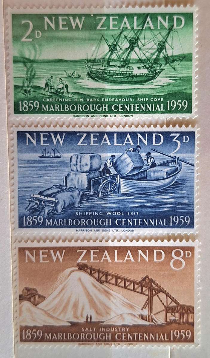 New Zealand 1959 Marlborough Cetennial Set of 3 Unused lightly Hinged stamps