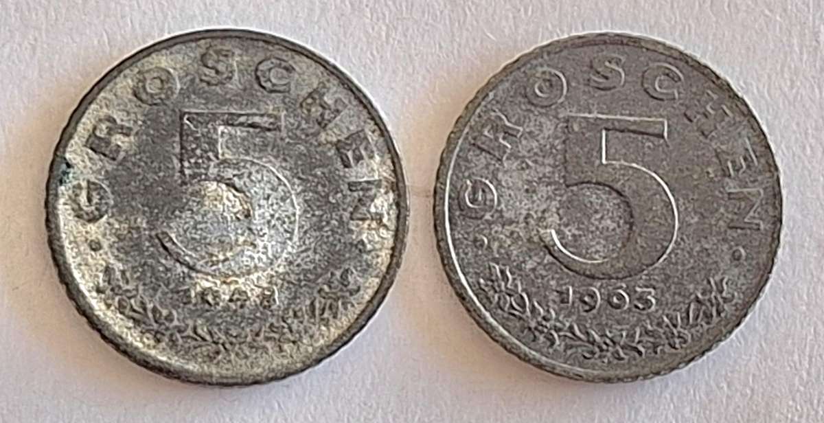 Austria 1948 and 1968 5 Groschen Zinc