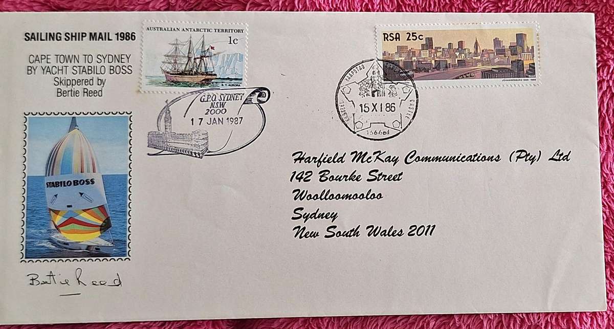 Sailing shop mail 1986 Carried from Cape Town to Sydney by Yacht Stabilo Boss