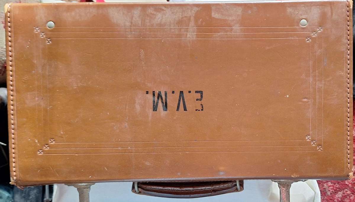 Vintage Masonic Suitcase with letters E.V.M. Lid front corners need stitching