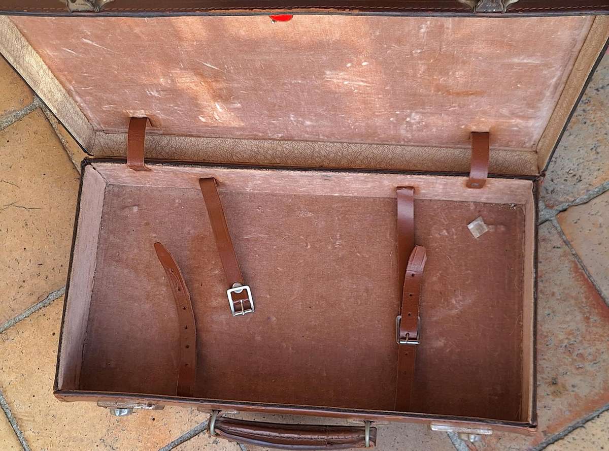 Vintage Masonic Suitcase with letters E.V.M. Lid front corners need stitching