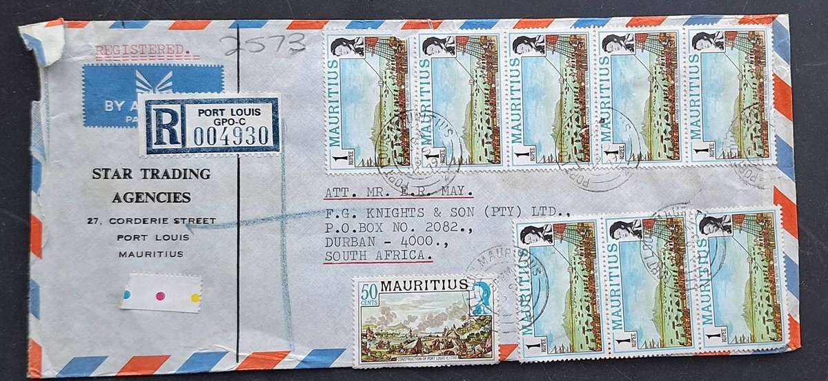 Mauritius 1979 Airmail Envelope to Durban, South Africa  with 14 1 Rupee stamps