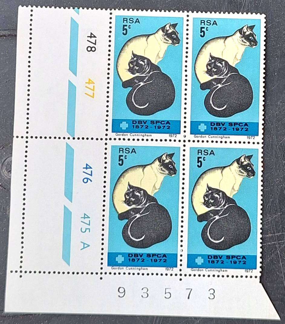 South Africa 1972 SPCA Centenary 1 Mint Control Block of 4 stamps 478 477 476 475 A