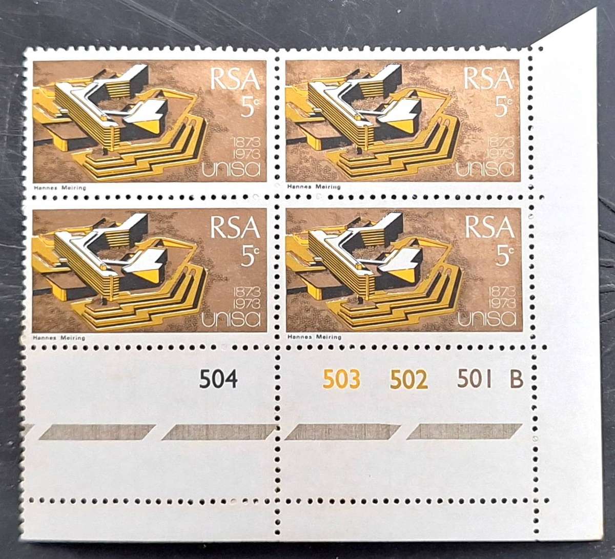 South Africa 1973 UNISA Centenary 1 Mint Numbered Control Block of 5c stamps