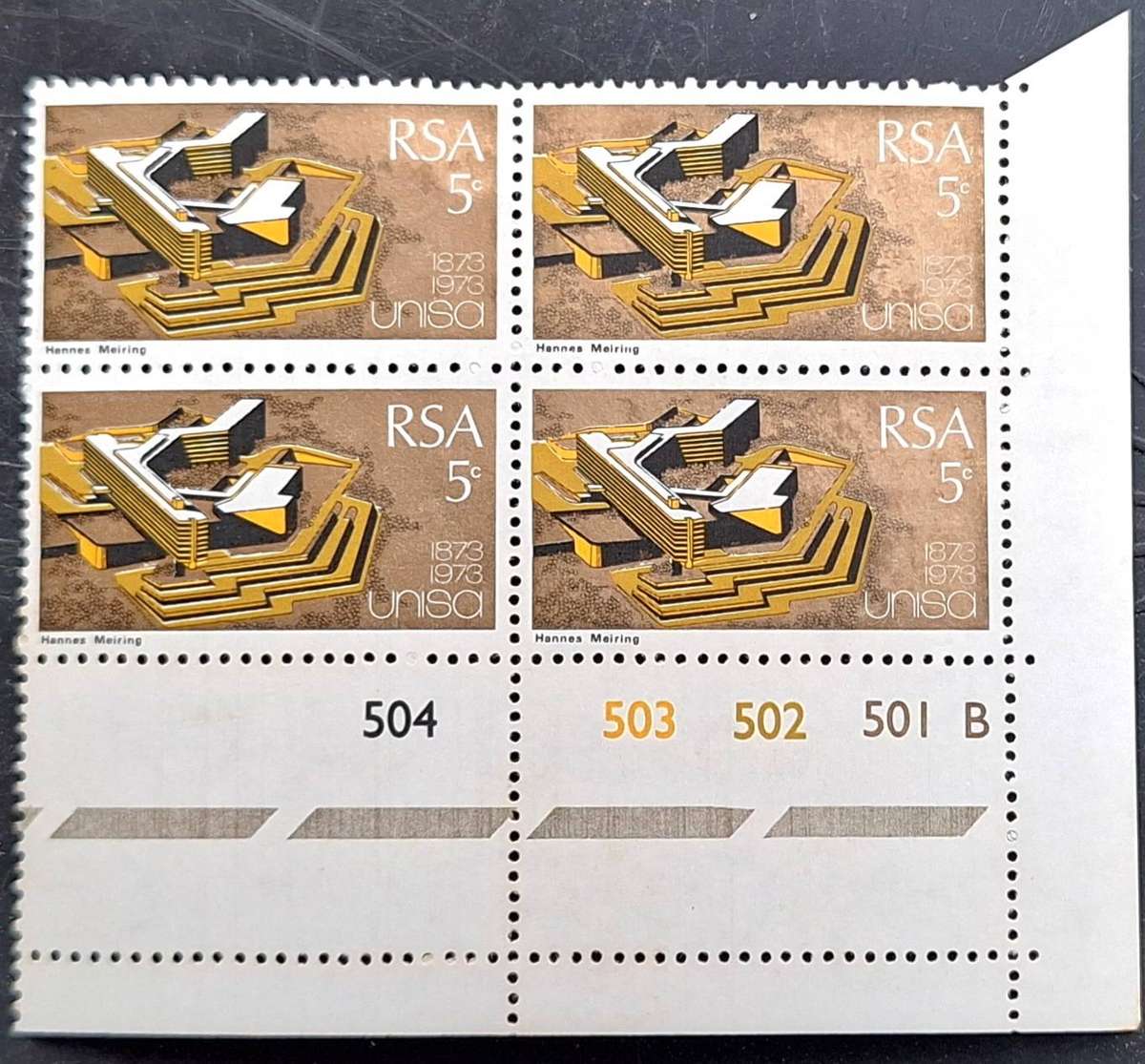 South Africa 1973 UNISA Centenary 1 Mint Numbered Control Block of 5c stamps