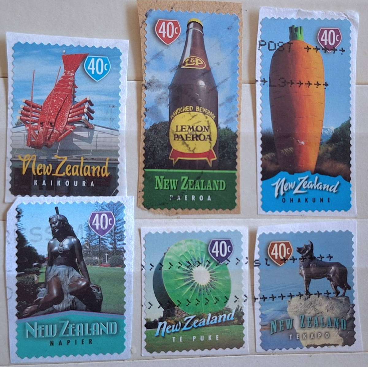 New Zealand 1998 Town Icons 6 Used Self Adhesive Booklet stamps, on paper.