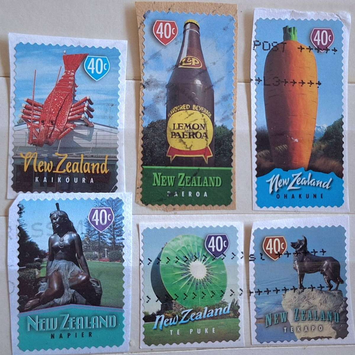New Zealand 1998 Town Icons 6 Used Self Adhesive Booklet stamps, on paper.