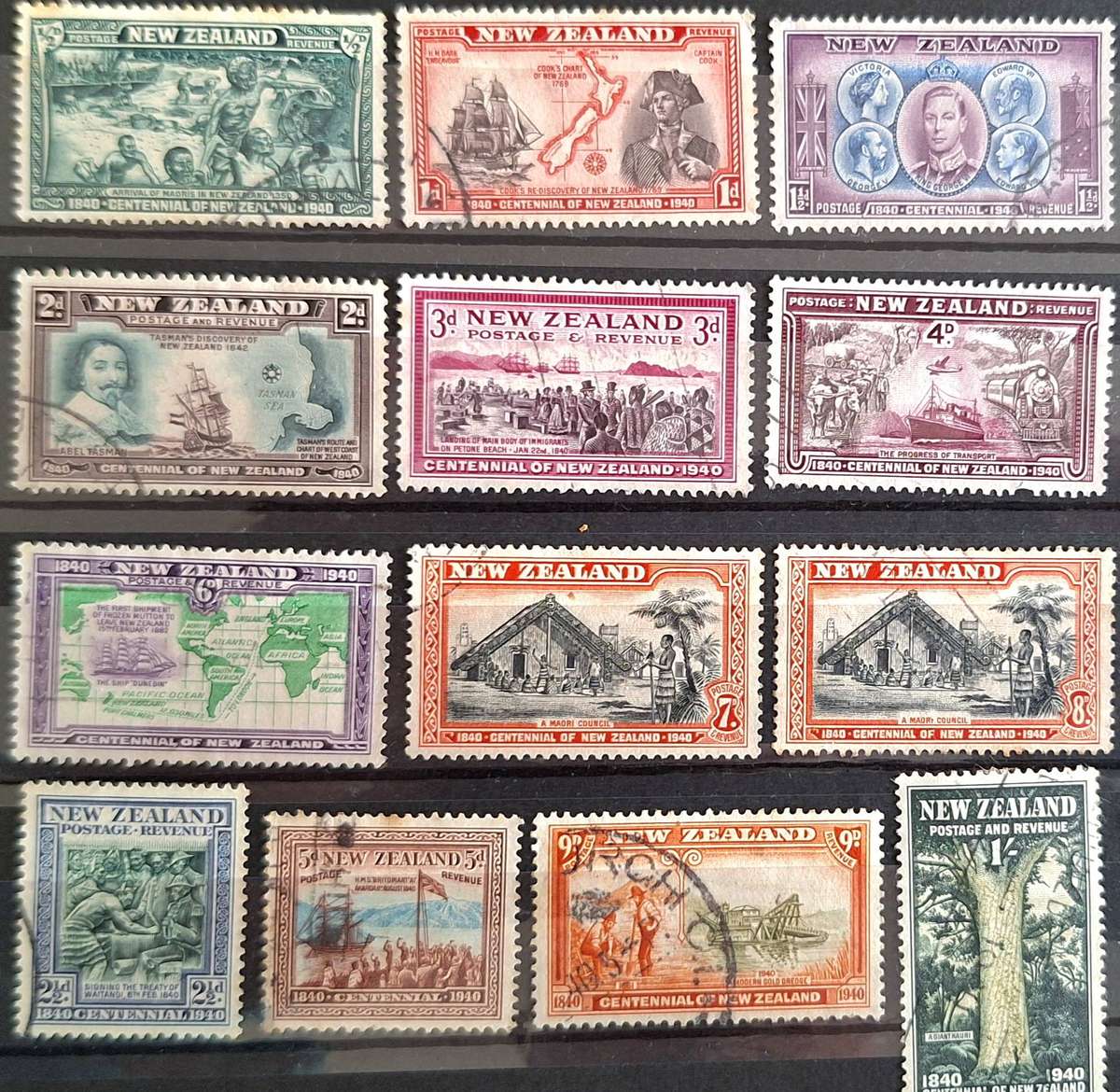 New Zealand 1940 Centennial Set of 13 Used Hinged stamps