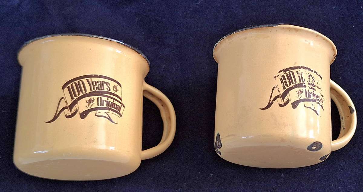 2 Sedgwick's Old Brown 100 Years Original Small Enamel Mugs