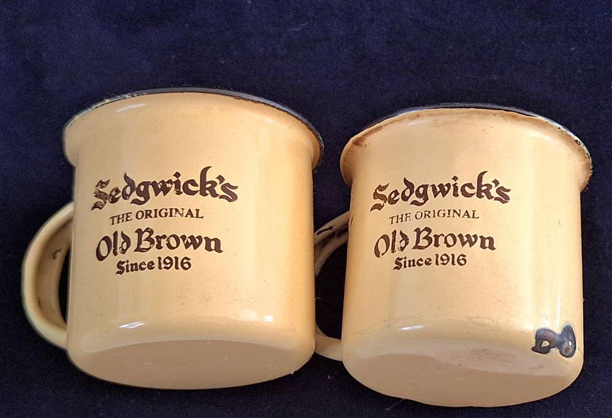 2 Sedgwick's Old Brown 100 Years Original Small Enamel Mugs