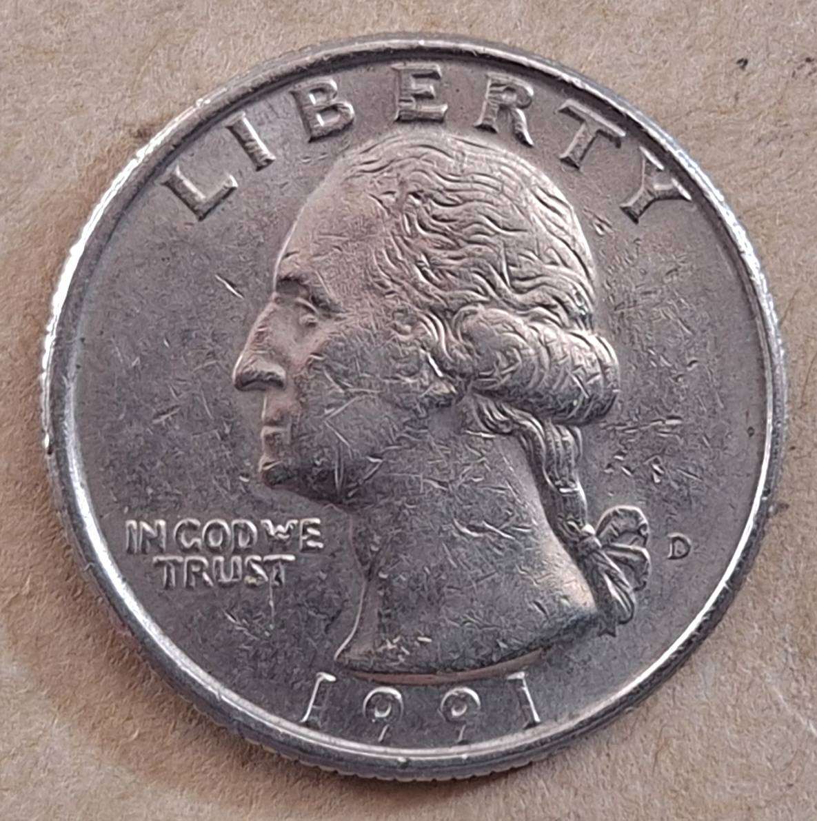 United States 1991 D  ¼ Dollar "Washington Quarter" Copper-nickel clad copper