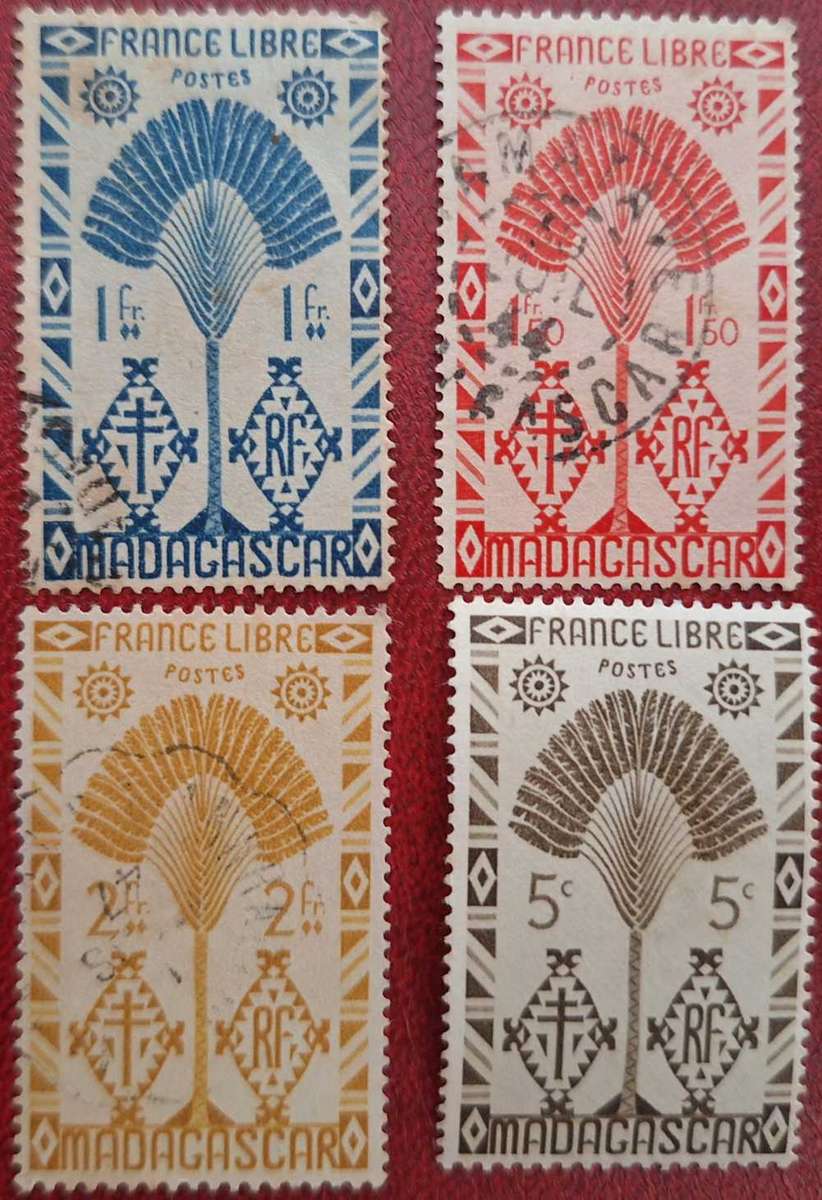 Madagascar 1943 Travellers Palm France Libre 3 Used and 1 Unused stamp