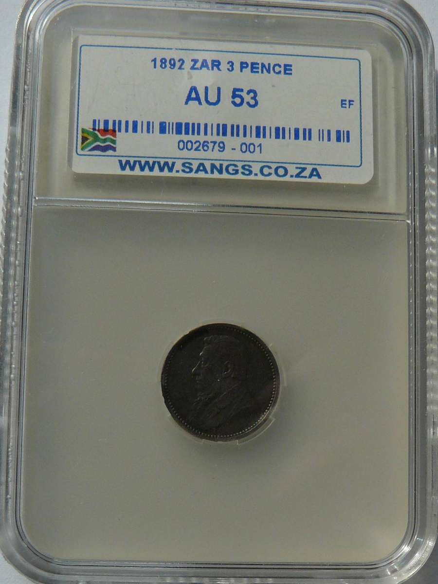 1892 3 PENCE SANGS GRADED AU 53