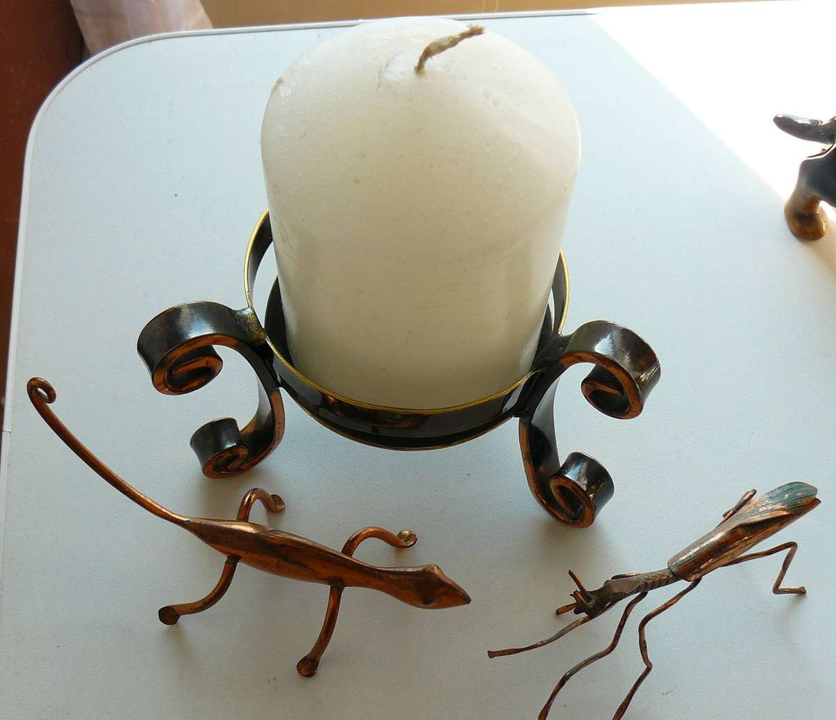 COPPER TYPE CANDLE STAND PLUS CAMELION AND STICK INSECT