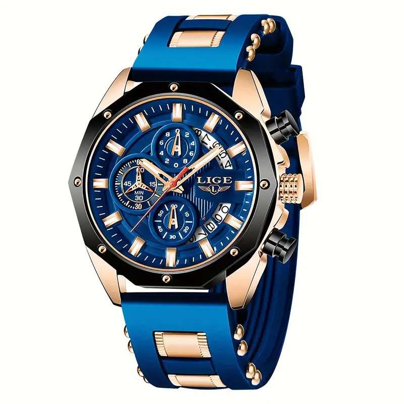 LIGE Watch for Men Fashion Casual Waterproof Luminous Chronograph Luxury Quartz Blue
