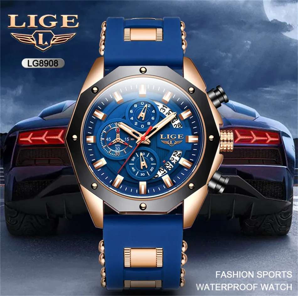 LIGE Watch for Men Fashion Casual Waterproof Luminous Chronograph Luxury Quartz Blue
