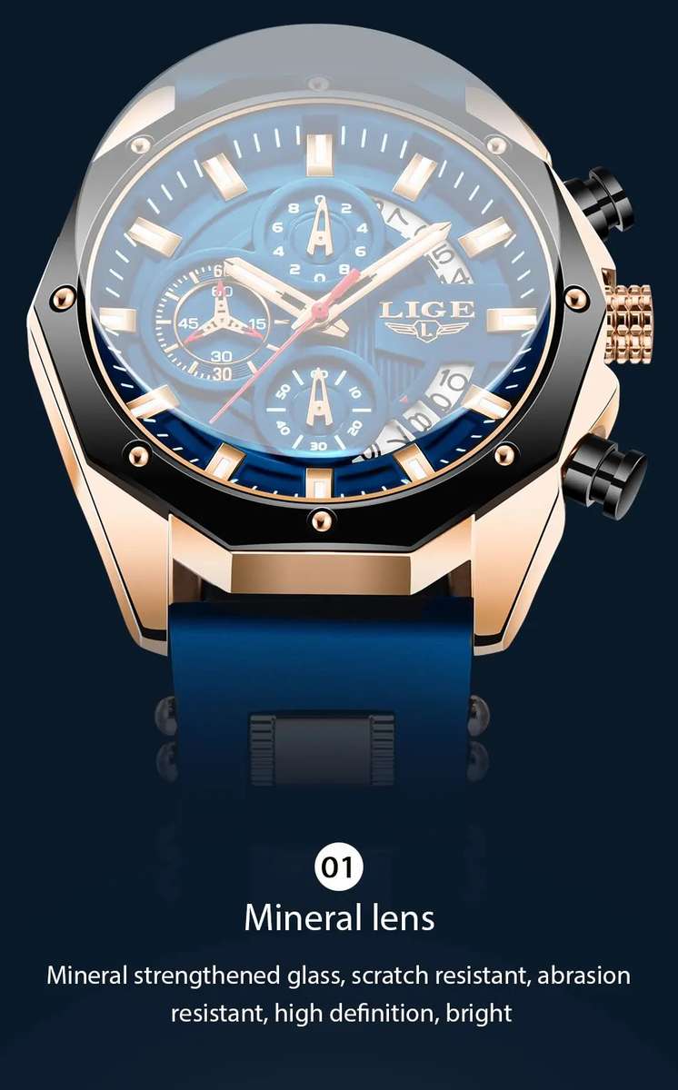 LIGE Watch for Men Fashion Casual Waterproof Luminous Chronograph Luxury Quartz Blue