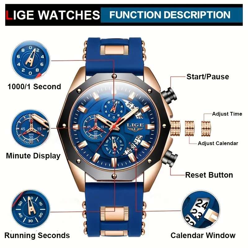 LIGE Watch for Men Fashion Casual Waterproof Luminous Chronograph Luxury Quartz Blue