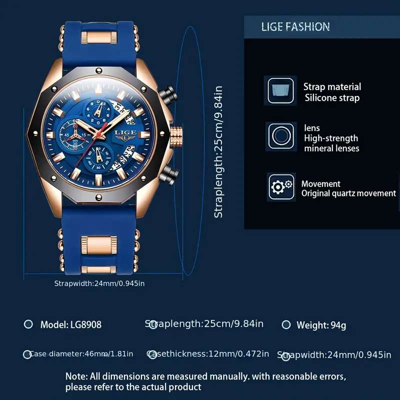 LIGE Watch for Men Fashion Casual Waterproof Luminous Chronograph Luxury Quartz Blue