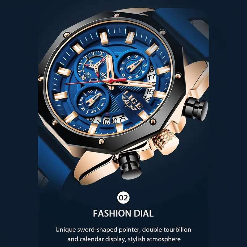 LIGE Watch for Men Fashion Casual Waterproof Luminous Chronograph Luxury Quartz Blue