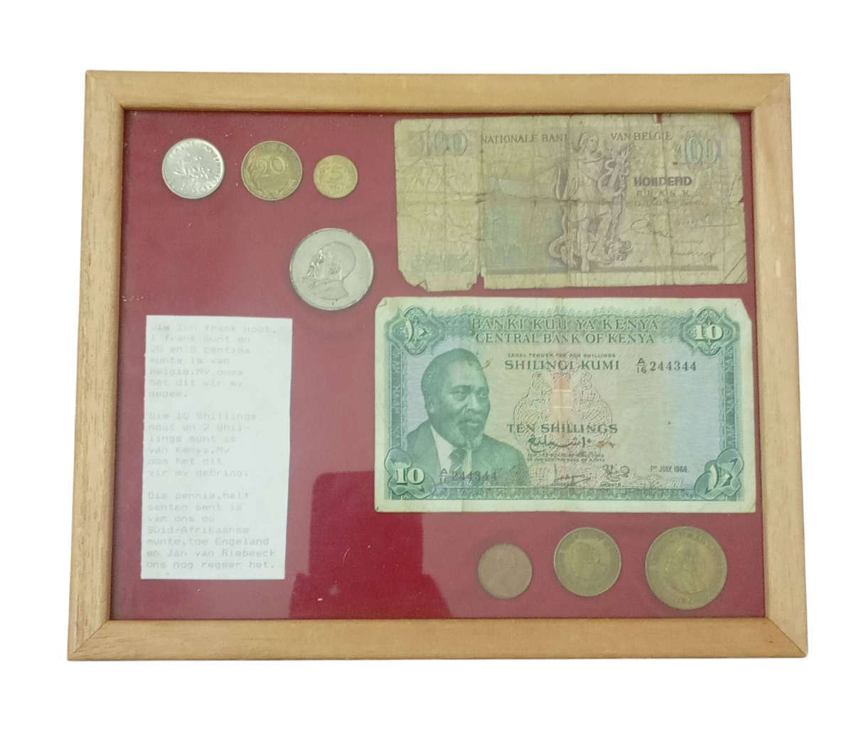 Framed Belgium and Kenyan Notes + Coins