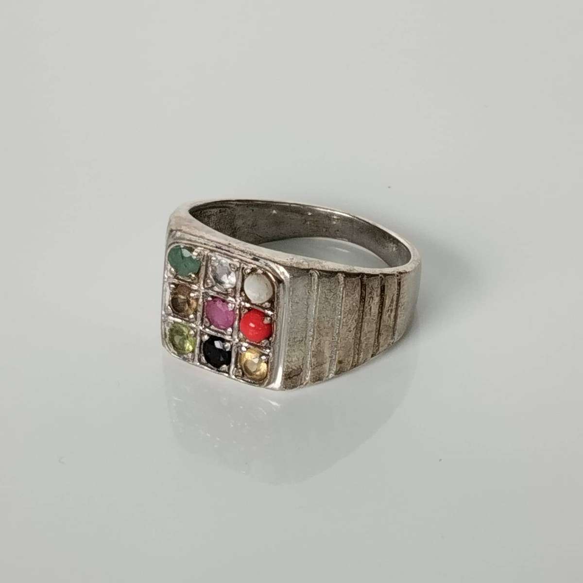 Sterling Silver Navratna Mens Ring