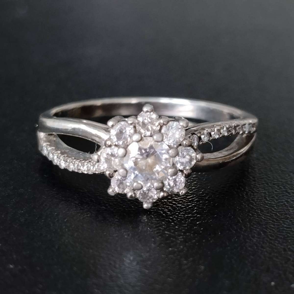 Sterling Silver Claw Set Cubic Zirconia Double Cluster Flower Ring