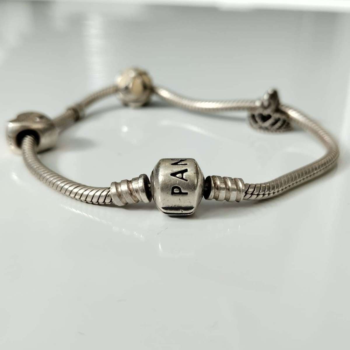 Pandora 925 Moments Barrel Clasp Snake Chain Bracelet with Charms #LT044
