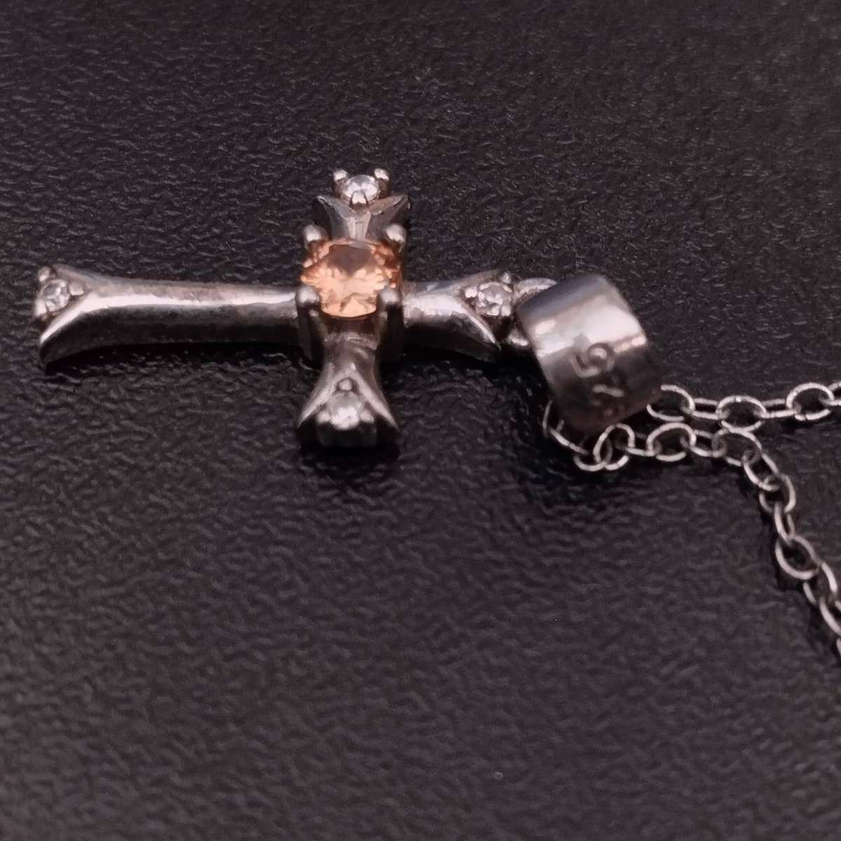 Sterling Silver Cross Pendant with Central Orange Zirconia on Necklace