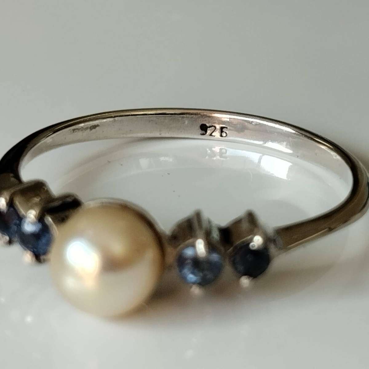 925 Sterling Silver Pearl and Blue Sapphire Ring #KWA040