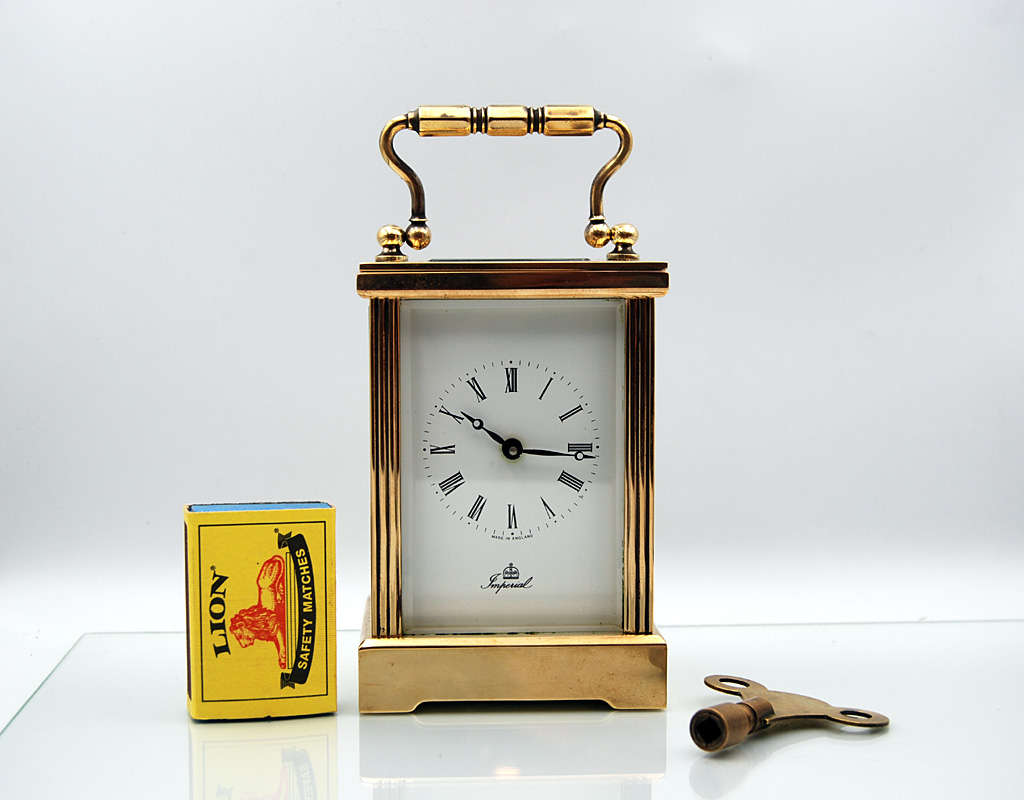 Fema Brass Carriage Clock, made in UK, Incabloc Platform Escapement, Working