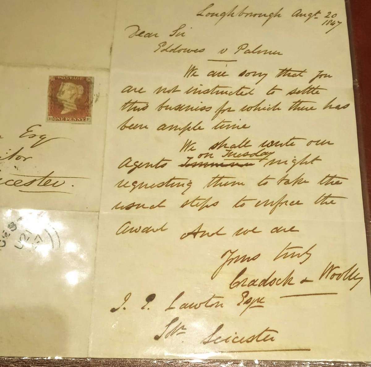 1847 Folded letter cover franked with Penny Red imperforate Loughborough to Leicester