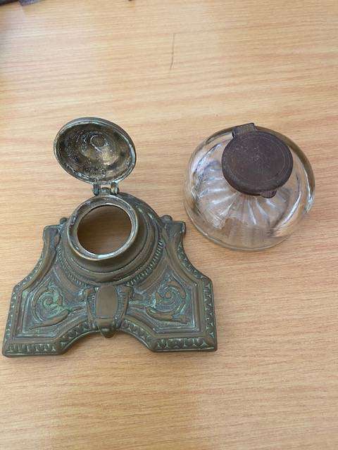 VICTORIAN BRASS AND GLASS INK WELLS