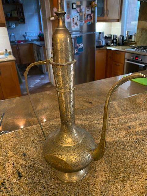 VINTAGE ENGRAVED BRASS EWER WITH LONG SPOUT