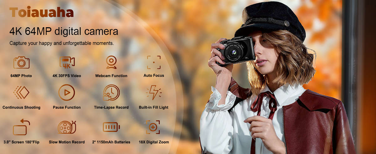 4K Compact Digital Camera, 64MP, 18x digital zoom