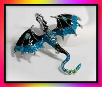 Magical black and blue flying dragon brooch