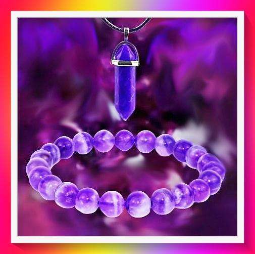 Astonishing synthetic Amethyst Stone Pendant Necklace + Bracelet Set